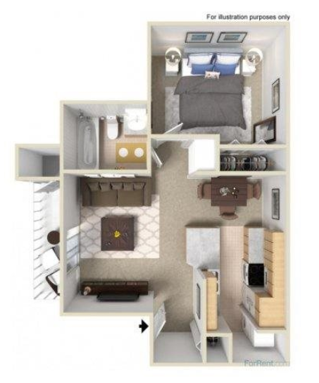 Floor plan for 1 bed, 1 bath, 626 sqft
